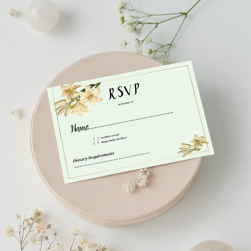 Gold ivory mint green white lily flower RSVP Invitation