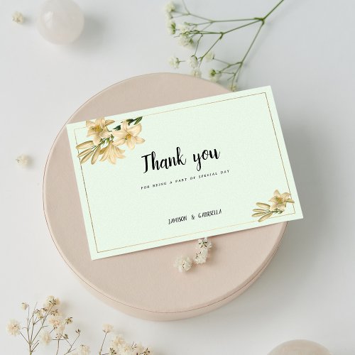 Gold ivory mint green white lily flower Thank You Invitation