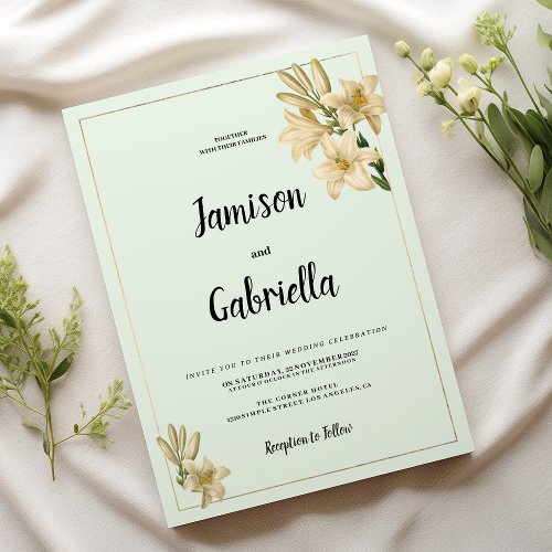 Gold ivory mint green white lily flower Wedding  Invitation