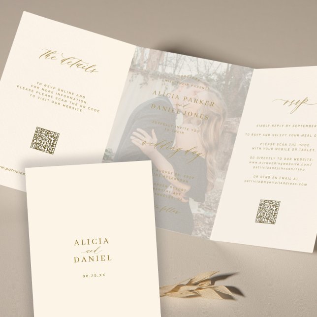 Gold ivory photo wedding RSVP details QR code  Tri-Fold Invitation (Creator Uploaded)