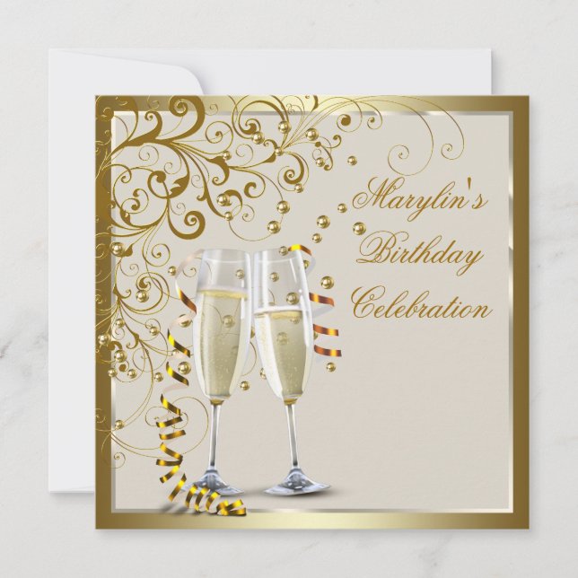 Gold Ivory Womans Elegant Gold Cream Birthday Invitation (Front)