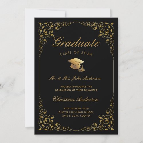 Gold Ivy Cap Script From Parents Black Graduation Announcement