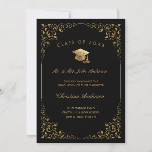 Gold Ivy Script From Parents Black Graduation Announcement