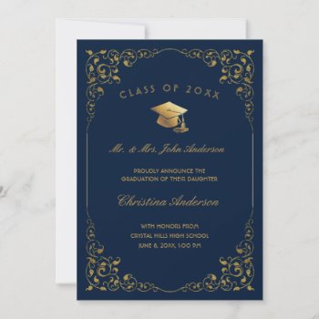 Gold Ivy Script From Parents Navy Blue Graduation Announcement by ilovedigis at Zazzle