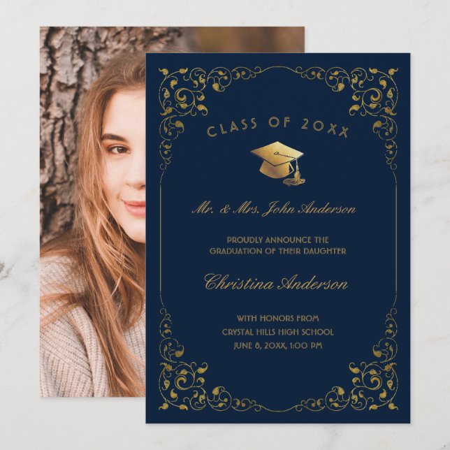 Gold Ivy Script From Parents Photo Navy Graduation Announcement (Front/Back)