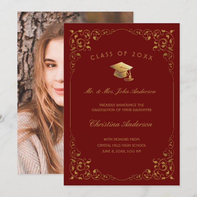 Gold Ivy Script From Parents Photo Red Graduation Announcement (Front/Back)