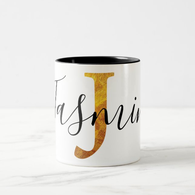Gold 'J' Monogram w/ Personalized Name Two-Tone Coffee Mug (Center)