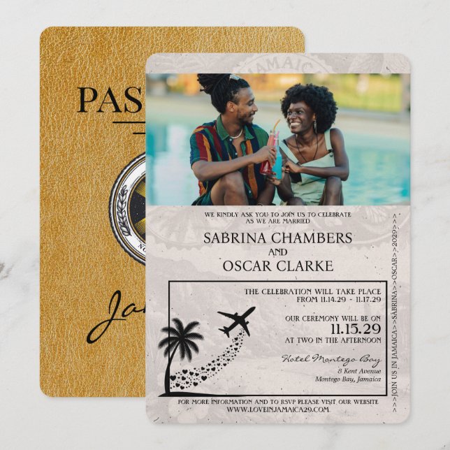 Gold Jamaica Passport Wedding Invitation (Front/Back)