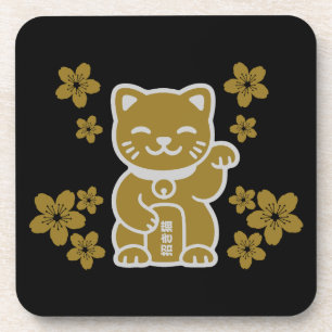 Gold Japanese Maneki-neko Beverage Coaster