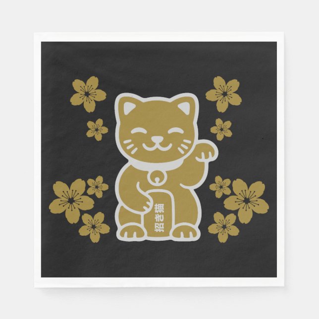 Gold Japanese Maneki-neko Napkins (Front)