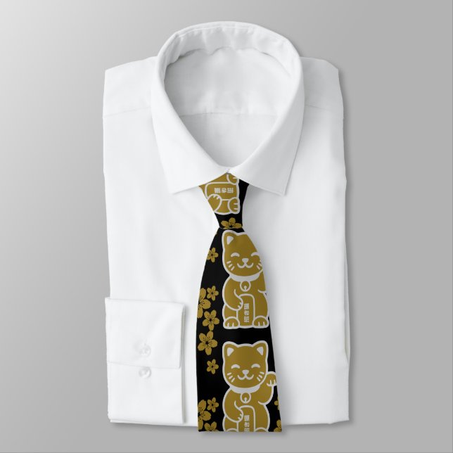 Gold Japanese Maneki-neko Neck Tie (Tied)