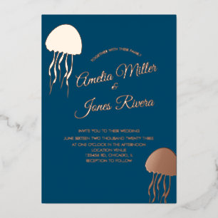 Gold JellyFish Navy Wedding Pressed   Foil Invitation