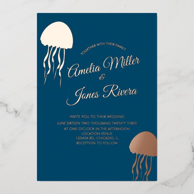 Gold JellyFish Navy Wedding Pressed   Foil Invitation (Front)
