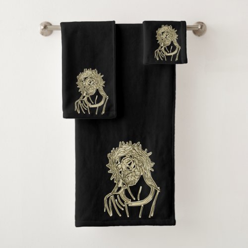 Gold Jesus looking up to god glimmering brightly Bath Towel Set