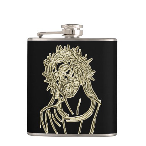 Gold Jesus looking up to god glimmering brightly Hip Flask