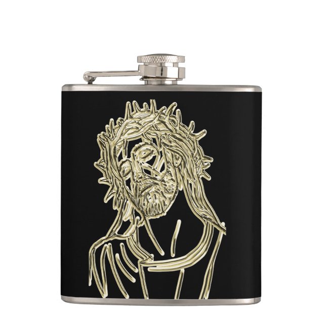 Gold Jesus looking up to god glimmering brightly Hip Flask (Front)