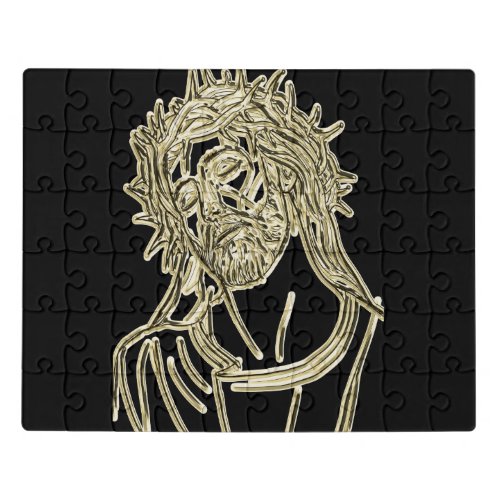 Gold Jesus looking up to god glimmering brightly Jigsaw Puzzle