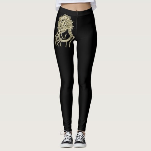 Gold Jesus looking up to god glimmering brightly Leggings