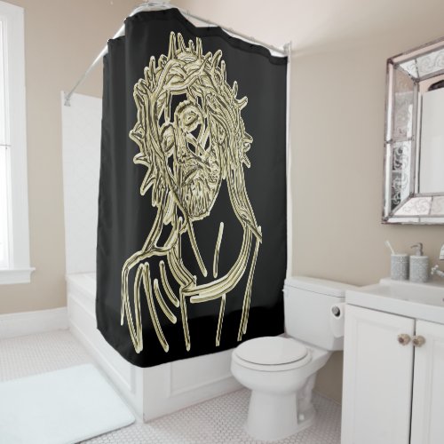 Gold Jesus looking up to god glimmering brightly Shower Curtain