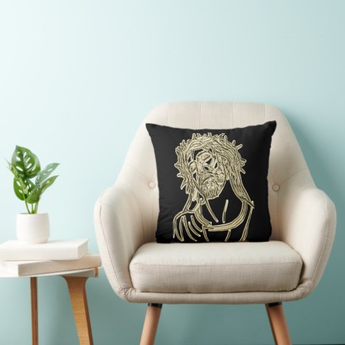 Gold Jesus looking up to god glimmering brightly Throw Pillow