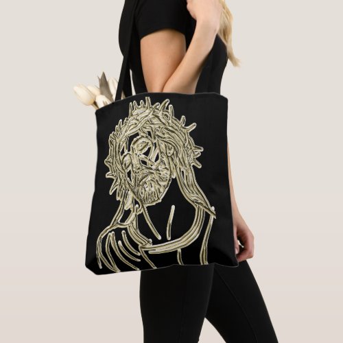 Gold Jesus looking up to god glimmering brightly Tote Bag