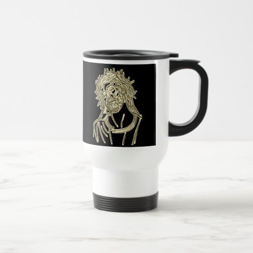Gold Jesus looking up to god glimmering brightly Travel Mug