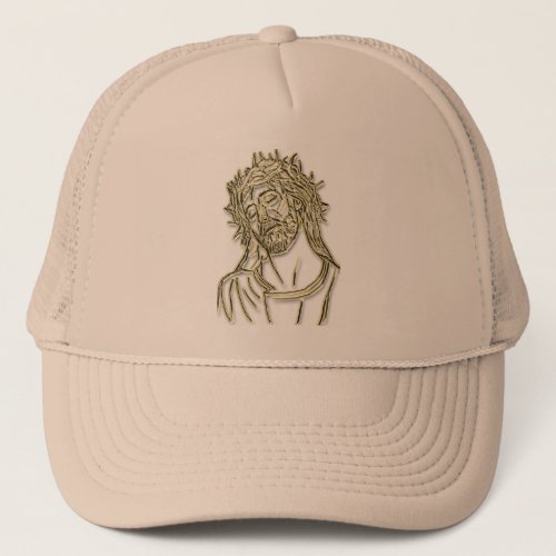 Gold Jesus looking up to god glimmering brightly Trucker Hat