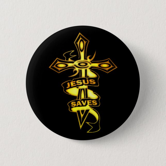 GOLD JESUS SAVES CROSS PINBACK BUTTON (Front)
