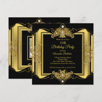 Gold Jewel Black Elegant Birthday Party Photo Invitation
