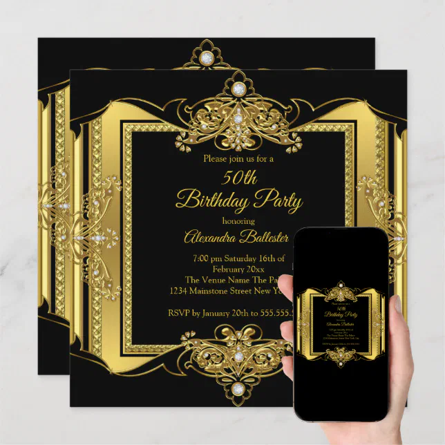 Gold Jewel Black Elegant Birthday Party Photo Invitation 