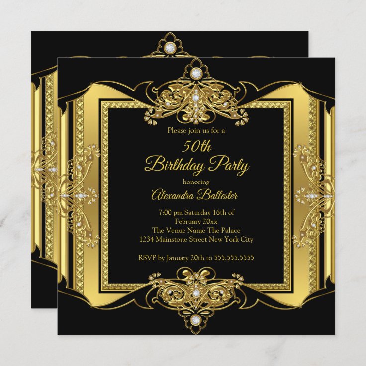 Gold Jewel Black Elegant Birthday Party Photo Invitation | Zazzle