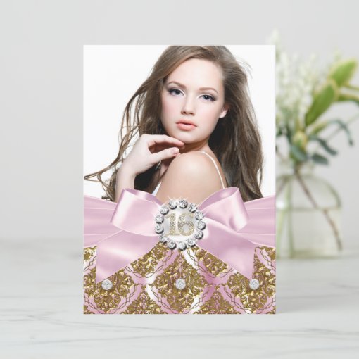 Gold Jewel Damask And Pink Bow Sweet 16 Photo Invite Zazzle