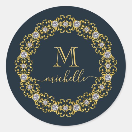 Gold Jewel Frame Monogram Name Classic Round Sticker