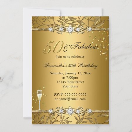 Gold Jewel Leaf 50 & Fabulous Birthday Invitation