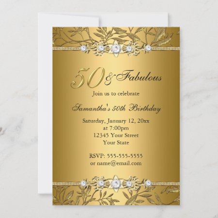 Gold Jewel Leaf 50 Fabulous Birthday Invitation