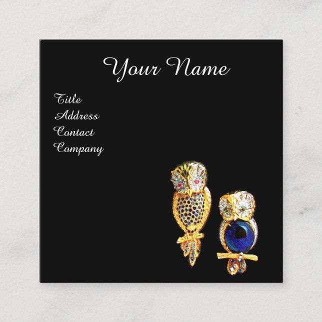 GOLD JEWEL OWLS Monogram,Blue Sapphire Topaz,Black Square Business Card (Front)