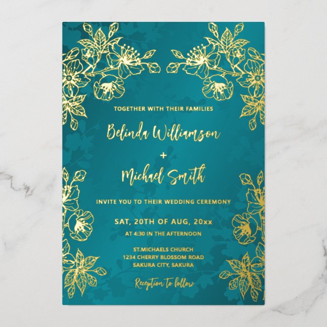 Gold Jewel Tone Floral Wedding Foil Invitation (Front)