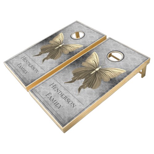 Gold Jeweled Butterfly Damask Cornhole Set