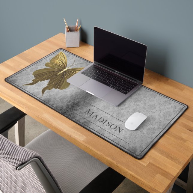 Gold Jeweled Butterfly Damask Desk Mat (Office 2)