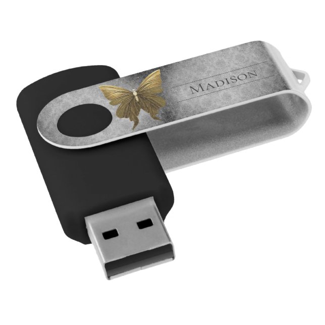 Gold Jeweled Butterfly Damask Flash Drive (Angled)