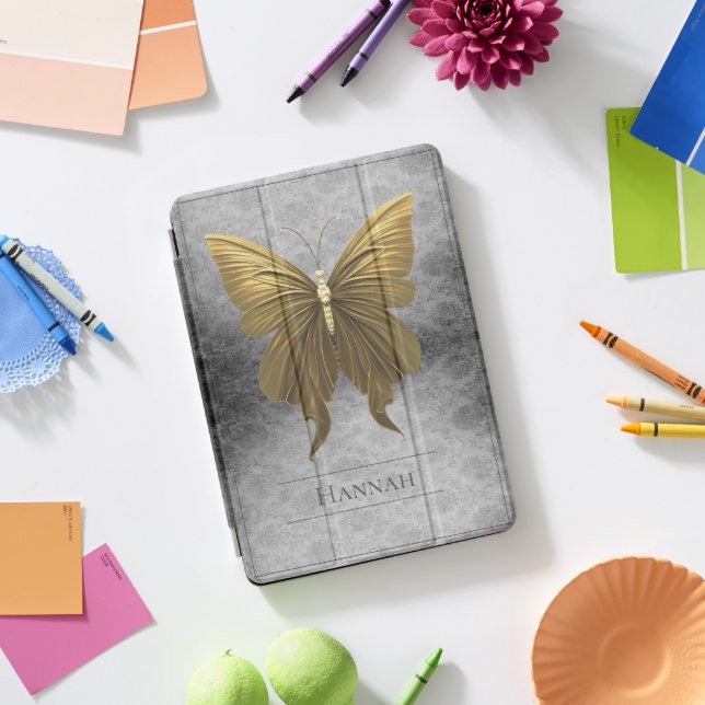 Gold Jeweled Butterfly Damask iPad Pro Cover (Desk)