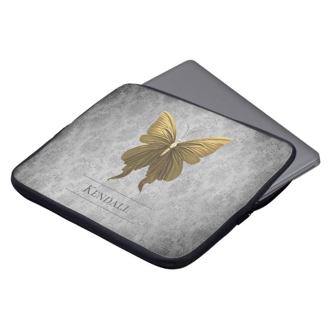 Gold Jeweled Butterfly Damask Laptop Sleeve (Front Top)