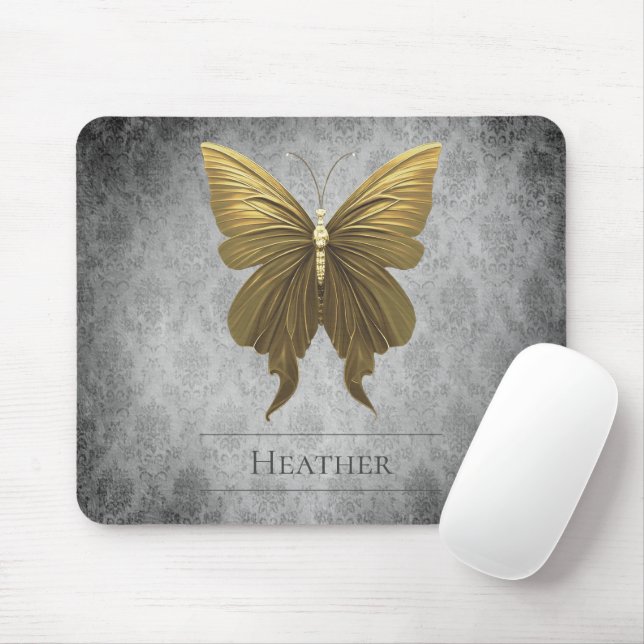 Gold Jeweled Butterfly Damask Mouse Pad (With Mouse)