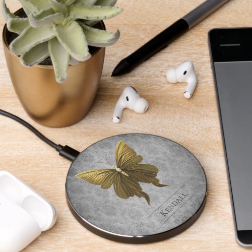 Gold Jeweled Butterfly Damask Wireless Charger