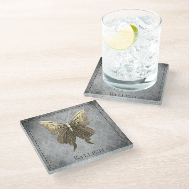 Gold Jeweled Butterfly Glass Coaster (Angled)