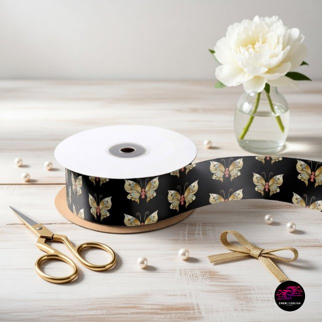 Gold Jeweled Butterfly Satin Ribbon (Not your average ribbon — this is black and gold drama on a roll 🖤✨)