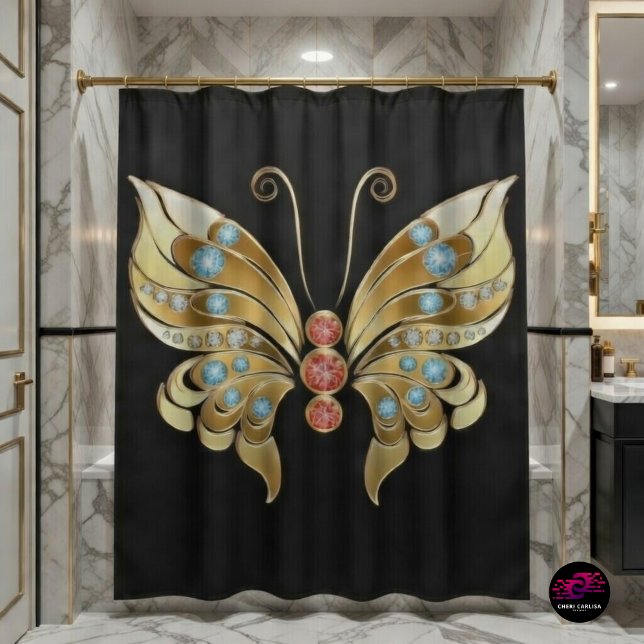 Gold Jeweled Butterfly Shower Curtain (Bold black and gold butterfly shower curtain for a luxe statement bathroom ✨🦋)