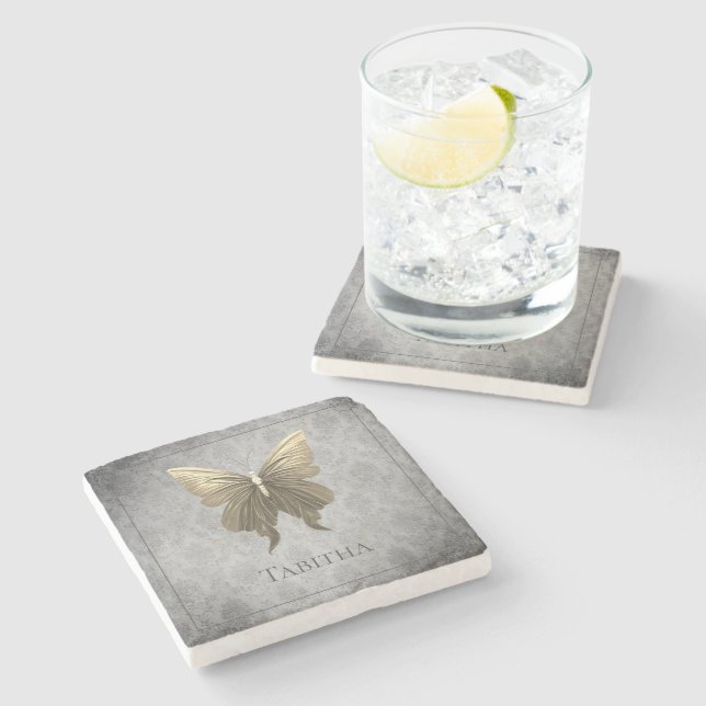 Gold Jeweled Butterfly Stone Coaster (Side)