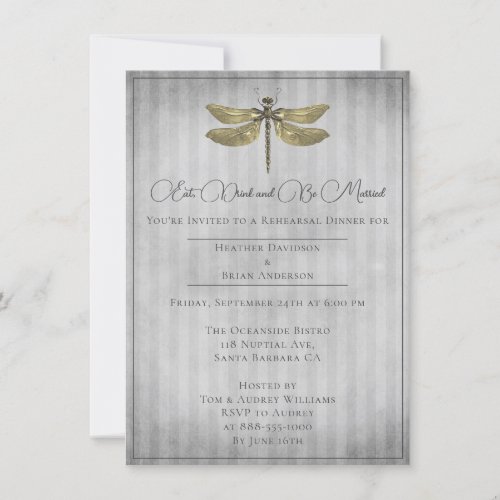 Gold Jeweled Dragonfly Rehearsal Dinner Invitation