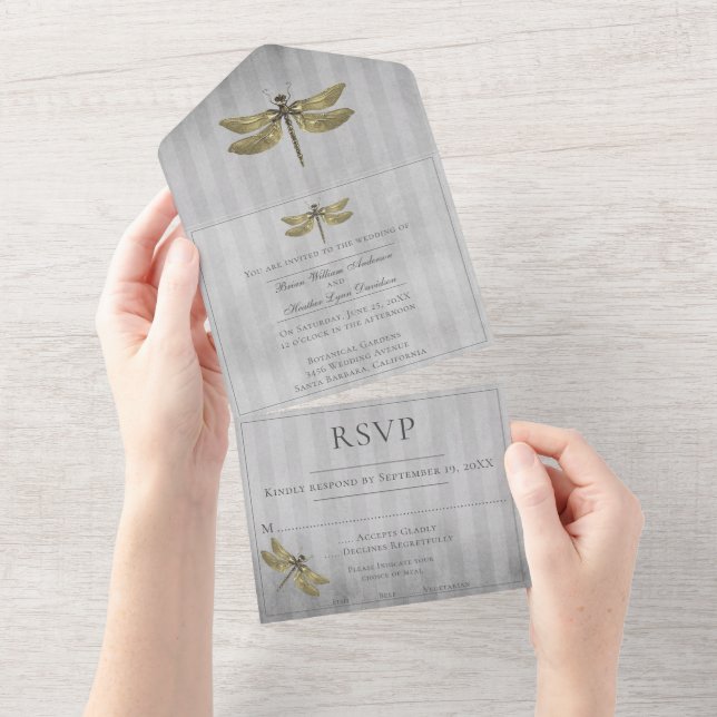 Gold Jeweled Dragonfly Wedding All In One Invitation (Tearaway)